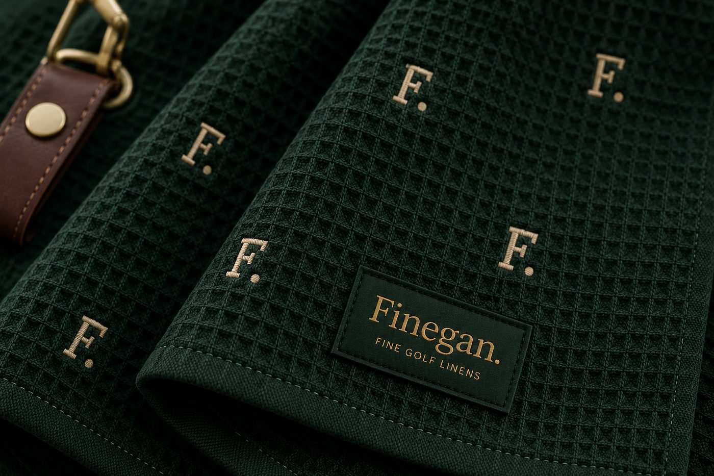 Close-up of the Finegan towel: embroidered F. monogram, woven label, and brass-snap leather strap