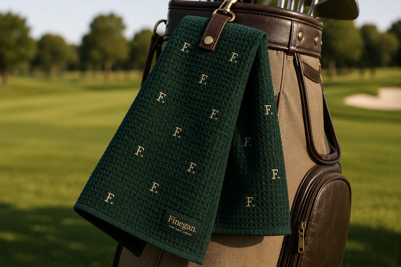 Finegan waffle-weave golf towel with champagne F. monogram, hanging from a leather golf bag on the course