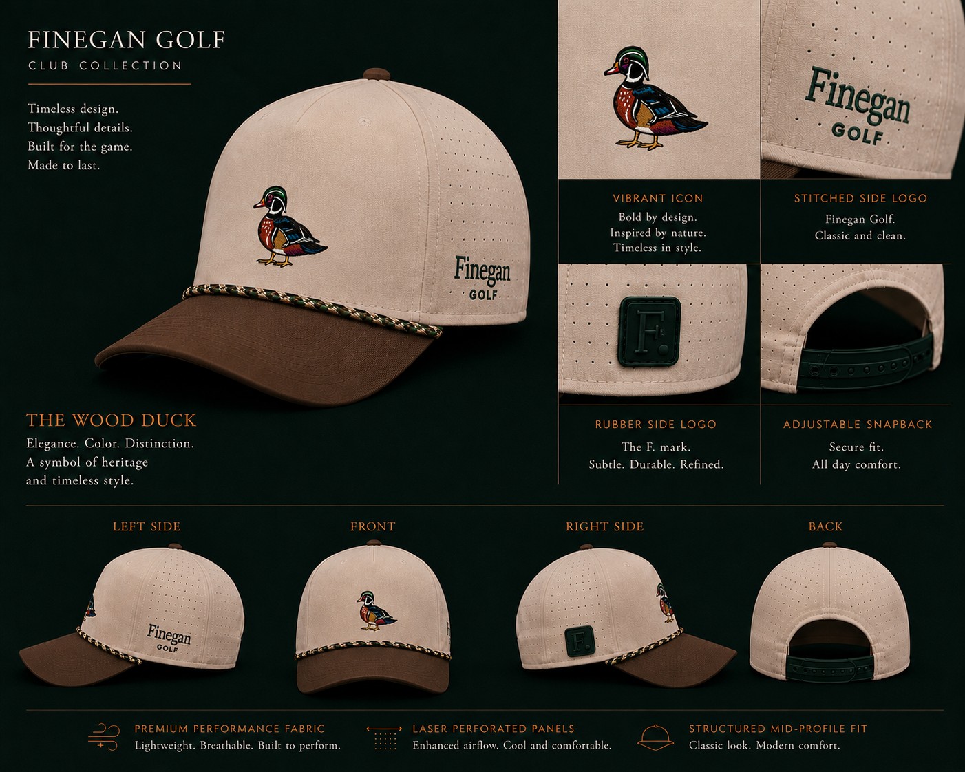 The Wood Duck hat shown from every angle with detail crops: embroidered wood duck icon, stitched Finegan Golf side logo, rubber F. patch, adjustable snapback, laser perforated panels