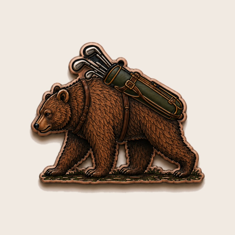 The Grizzly ball marker — a grizzly bear carrying a golf bag, enamel on antique copper