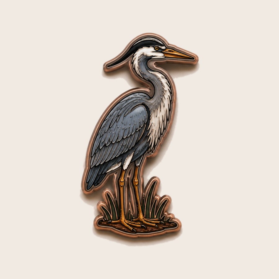 The Heron ball marker — a great blue heron standing in reeds, enamel color on antique copper
