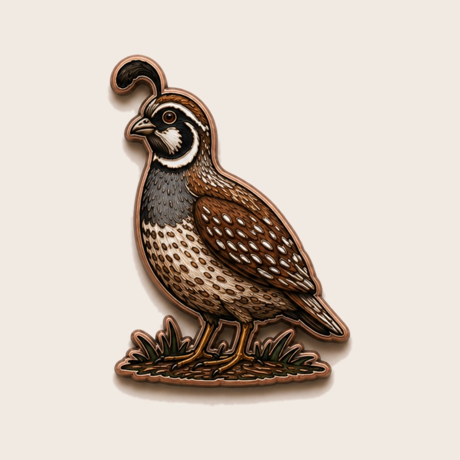 The Bobwhite ball marker — a bobwhite quail on a grass tuft, enamel color on antique copper