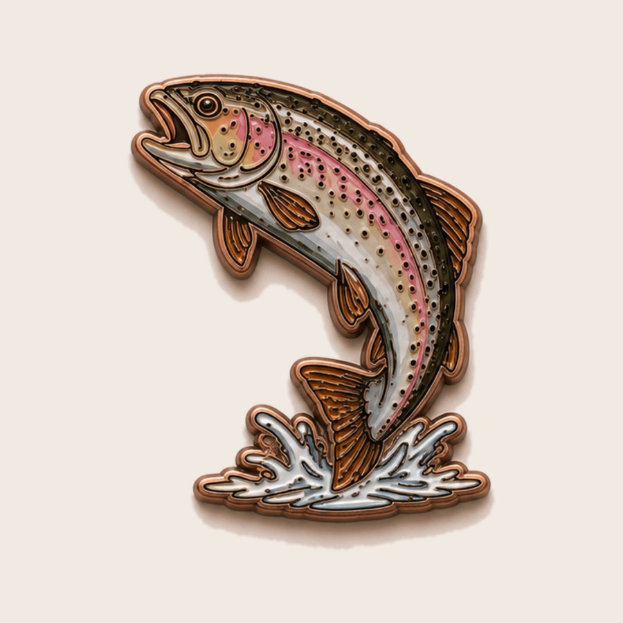 The Rainbow ball marker — a rainbow trout leaping from whitewater, enamel on antique copper