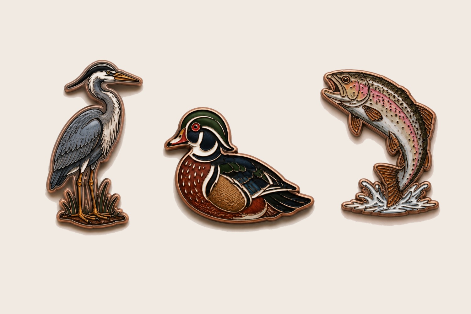 Three Finegan ball markers — a heron, a wood duck and a leaping rainbow trout in enamel on antique copper