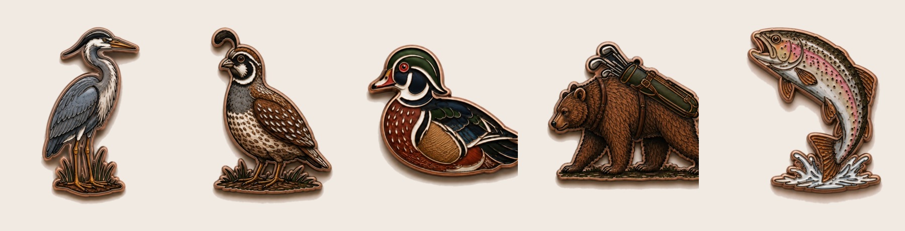 Five Finegan ball markers in a row — heron, bobwhite quail, wood duck, grizzly bear with a golf bag, and a leaping rainbow trout